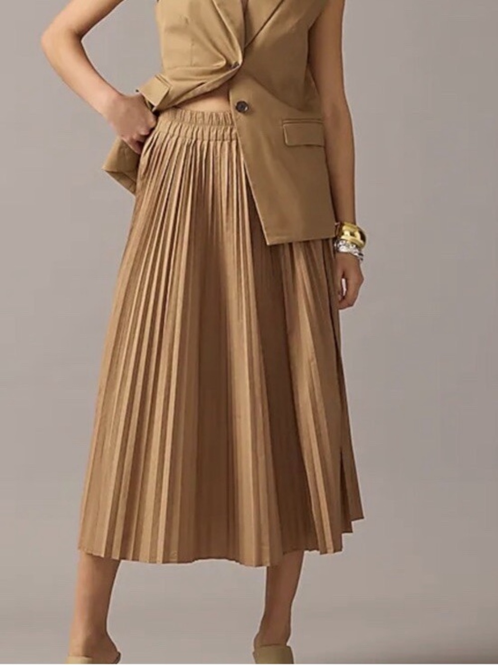 J.Crew Gwyneth Camel Cotton Blend Pleated Midi Skirt Elastic Waist Quiet Luxury